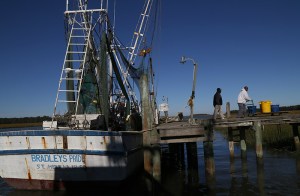 Bron Singleton, left, and James Bradley, Jr., unload shrimp to put it on ice.  